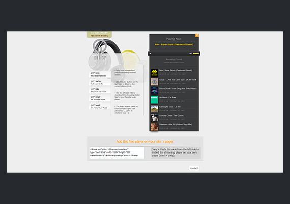 Single page layout for a standalone mp3 streaming platform <br />http://djicy.com/