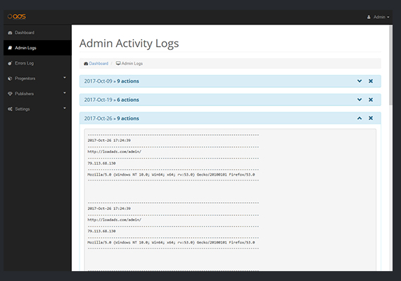 Backend log tracking of all admin actions <br />http://loadads.com/